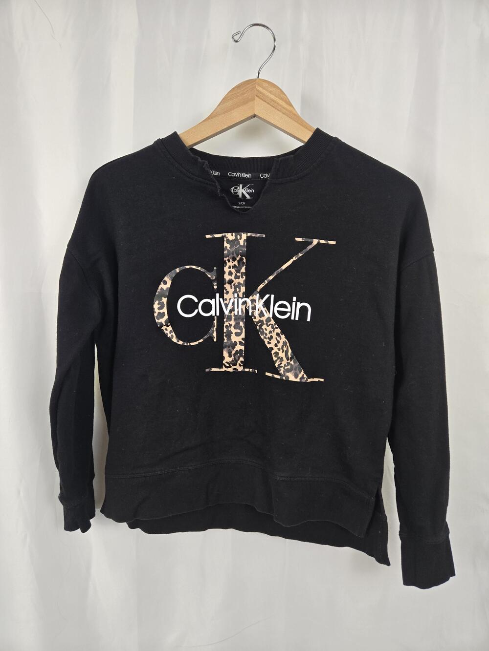 Calvin Klein Sweatshirt Womens Small Black Leopard Graphic Logo Pullover